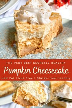 Secretly Healthy Pumpkin Cheesecake (Low-Fat!) - Secretly Healthy Home Macro Friendly Thanksgiving Dessert, Greek Yogurt Pumpkin Cheesecake, Healthy Pumpkin Cheesecake Recipe, Healthy Pumpkin Cheesecake, Healthy Cheesecake Recipes, Low Calorie Pumpkin, Greek Yogurt Cheesecake, Fall Sweets, Cheese Desserts