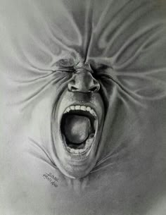 a pencil drawing of an angry man with his mouth open and eyes wide open,