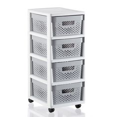 a white plastic storage unit with four baskets on it's front and three wheels