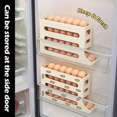 an open refrigerator with eggs in it and the words keep it fresh written on the door