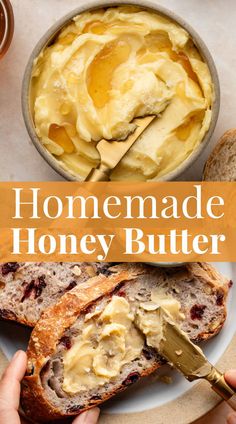 homemade honey butter is being spread on top of bread