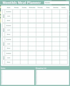 the printable meal planner is shown in green and white with palm leaves on it