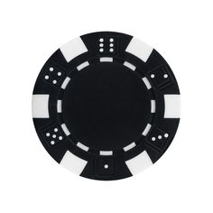 a black and white poker chip with four dots on the side, in front of a white background