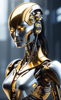 a futuristic woman in gold and silver with headphones on her ears, looking at the camera