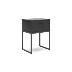 an image of a black bedside table with drawers on it's sides and one drawer open