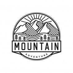 the mountain adventure logo with mountains and trees on it, in black and white colors