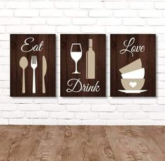 three wall art pieces with the words eat, love and drink in white on brown