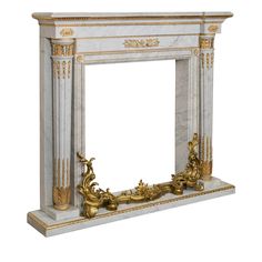 a white marble fireplace with gold decorations on the top and bottom, against a white background