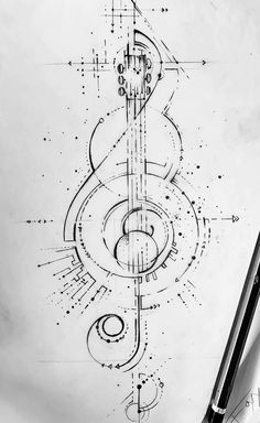 a pencil drawing of a musical instrument on top of a piece of paper with an ink pen