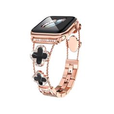 an apple watch bracelet with flowers on the front and side, in rose gold tone