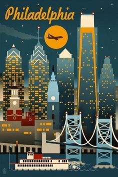 an illustration of the philadelphia skyline at night