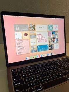 my cute macbook! || macbook desktop, macbook inspo, macbook pro desktop, macbook pro wallpaper, aesthetic, pink, cute Laptop Ios Aesthetic, Unique Macbook Wallpaper, Cute Macbook Home Screen, Mac Book Widget Background, Macbook School Wallpaper, Mac Screen Aesthetic, Cute Backgrounds Macbook, Aesthic Macbook Backgrounds, College Macbook Organization