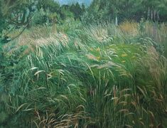 a painting of tall grass and trees in the background