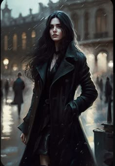 a painting of a woman standing in the rain wearing a black coat and holding an umbrella