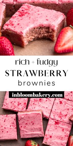 strawberry brownies with pink frosting and sliced strawberries on the side in front