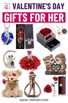 valentine's day gifts for her with teddy bear, roses and other items on display