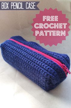 a blue crochet pencil case sitting on top of a white surface with the text box pencil case free crochet pattern