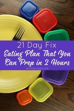 a yellow plate with plastic containers and forks on it that says 21 day fix eating plan that you can prep in 2 hours