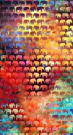 an abstract painting of elephants in different colors and sizes on a multicolored background