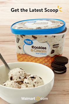 an ice cream container with cookies and oreo cookies in it next to a bowl of ice cream