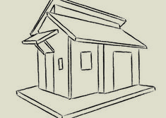 a drawing of a small house with a roof and windows on the front, in black and white