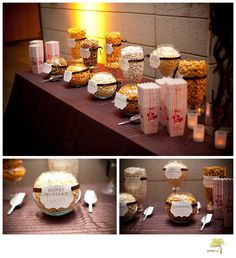 a table topped with lots of different types of food and drink bottles next to each other