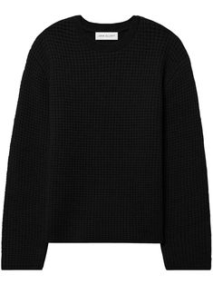 black merino wool waffle knit round neck drop shoulder long sleeves ribbed trim straight hem Wool Sweater Men, Latest Sweater, John Elliott, Wool Jumper, Crew Neck Jumper, Knitwear Men, Men's Knit, Knitted Jumper, Black Wool