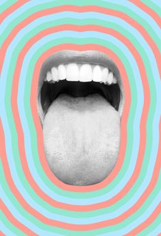 an open mouth with white teeth and multicolored background