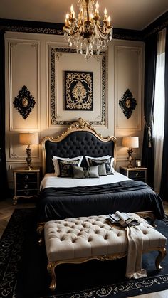 a fancy bedroom with black and white decor