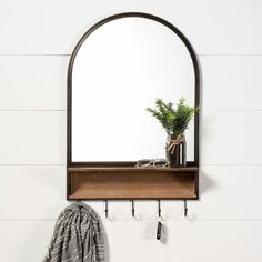 a mirror hanging on the wall above a coat rack with hooks and a potted plant