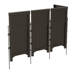 three brown privacy screens with metal posts and holes on the sides, set against a white background