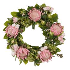 a wreath with pink flowers and green leaves