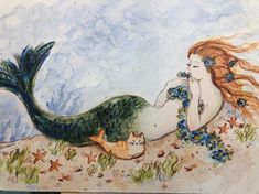 a painting of a mermaid and her cat laying on the ground with flowers in their hair