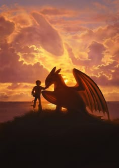 the dragon and boy are facing each other in front of an orange sunset