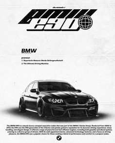 an advertisement for the bmw car company, which is being advertised in black and white