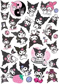 various stickers with different types of cats and mice on them, all in pink and black