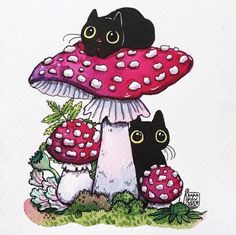 two cats sitting on top of a mushroom with mushrooms in the foreground and another cat behind them