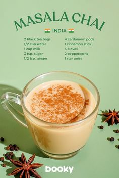 an advertisement for masala chai with cinnamon and star anise on the side