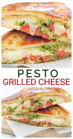 grilled cheese sandwich cut in half and stacked on top of each other with text overlay reading pesto grilled cheese