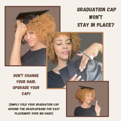 Have curly or straight hair? Big afro, dreadlocks, braids or twists? Don't change your hair, upgrade your cap! Keep your graduation cap in place with the original GradCapBand™ (Patent Pending) – the ultimate remedy for getting your graduation hat to fit flawlessly over your stunning hair. The GradCapBand™ ensures your graduation hat sits comfortably and securely on your head, regardless of your hairstyle. It attaches firmly to your graduation cap yet is easily unclipped, allowing you to toss you Graduation Caps, Graduation Hairstyles With Cap, Christmas Party Hats, Micro Twists, Big Afro, Cap And Gown Pictures, Big Curly Hair, Graduation Hairstyles, Graduation Hat