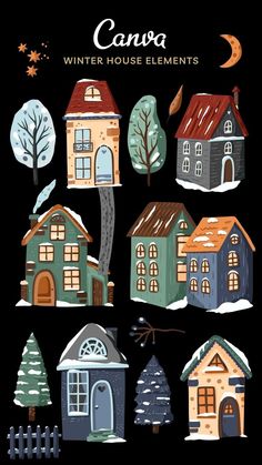 a black background with houses and trees in the snow, text reads canva winter house elements