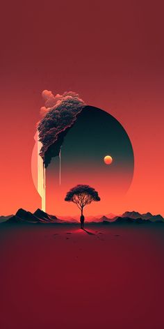 an image of a tree in the middle of a desert with a sunset behind it