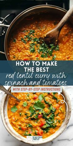 red lentil curry with spinach and tomatoes in a pot