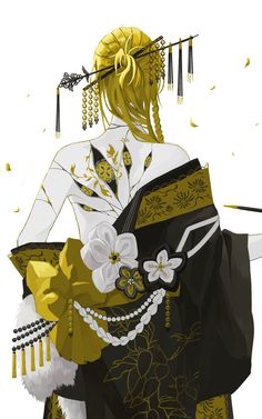 a woman dressed in black and gold holding a large bag with white flowers on it