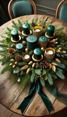 a wooden table topped with green candles and pine cones