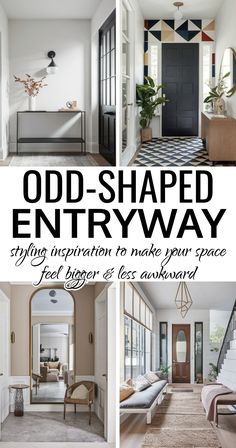 Odd-Shaped Entryway Styling Inspiration For Awkward Narrow Foyers Odd Entryway Layout, Small Entryway Stairs Entrance, Odd Shaped Entryway Ideas, Front Door Nook Entrance, Small Foyers And Entryways, L Shaped Entryway, L Shaped Entryway Ideas, Awkward Wall Space Decor, Square Entryway Ideas