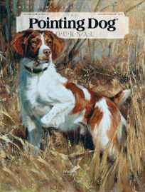 a painting of a brown and white dog standing in tall grass