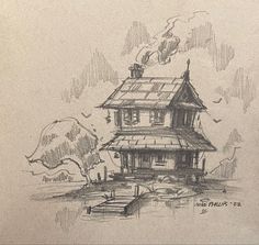 a drawing of a house in the middle of some water with birds flying around it