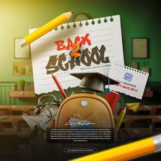 a back to school poster with pencils and other items on top of the image