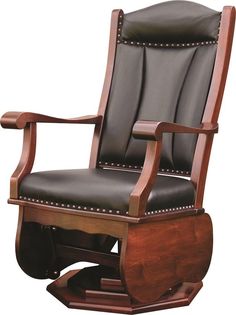 a wooden chair with black leather upholstered back and arm rests on casteors